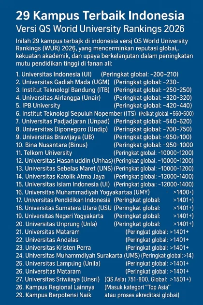 20 Universitas Terbaik Indonesia 2026 Versi UniRank: Kampus Nomor Satu Siapa?