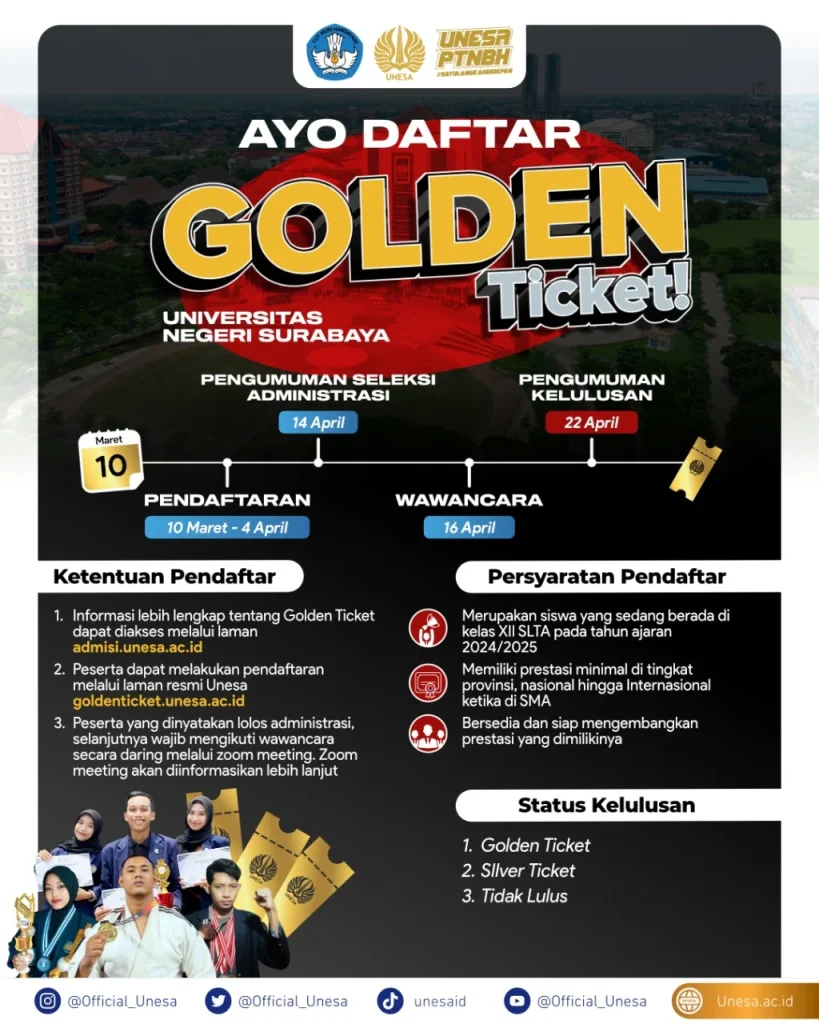 Golden Ticket 2026 Unesa Buka Jalur Masuk Tanpa Tes untuk Talenta Unggul