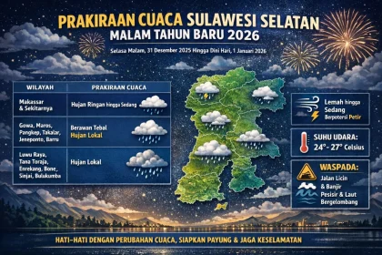 Prakiraan Cuaca Sulawesi Selatan 16 April 2026: Hujan Malam di Pinrang hingga Bone, Makassar Berawan Sore Hari