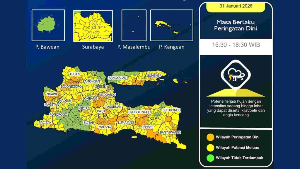 Cuaca Jawa Timur 25 Mei 2026: Gerimis dan Hujan Lebat Menghantam Wilayah