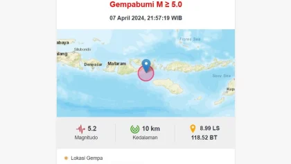 Gempa M 5,2 Guncang Kota Bima, NTB, Tidak Berpotensi Tsunami