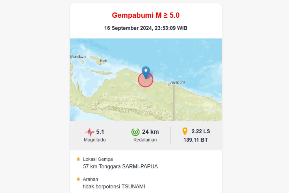 Gempa Magnitudo 4,6 Guncang Tenggara Sarmi