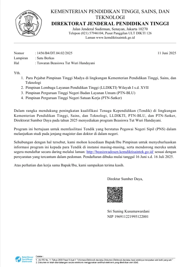 Beasiswa Tut Wuri Handayani untuk Tendik PNS Kemdiktisaintek, LLDIKTI, dan PTN Dibuka Hingga 30 Juni 2026